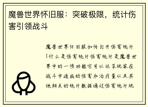 魔兽世界怀旧服：突破极限，统计伤害引领战斗